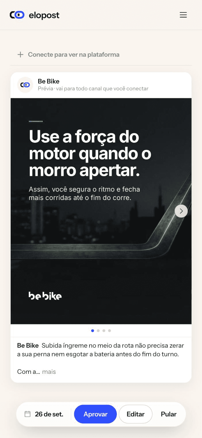 Portal EloPost no celular para revisar, editar e aprovar conteúdo.