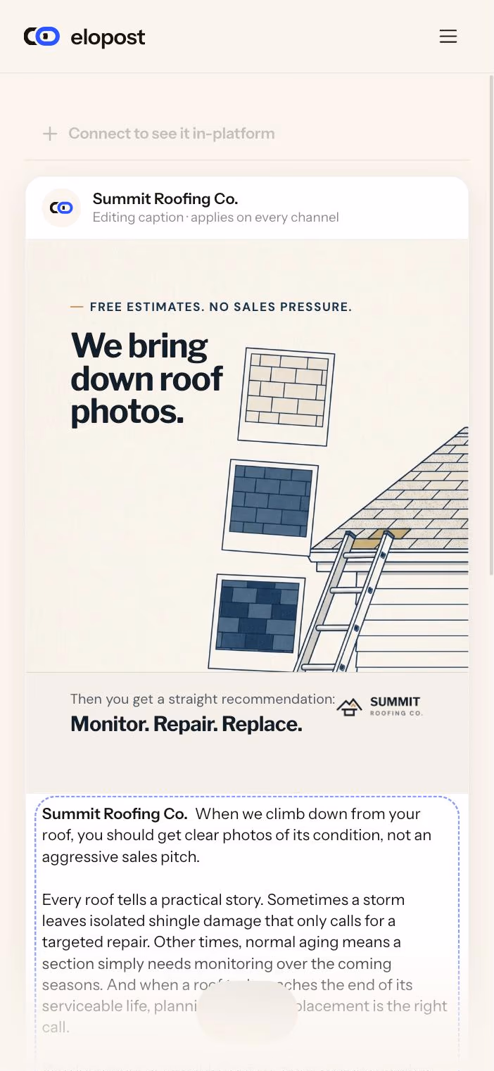 The EloPost editor on a phone: the post above, and below it the caption you can edit and the box where you ask for a change in plain words.