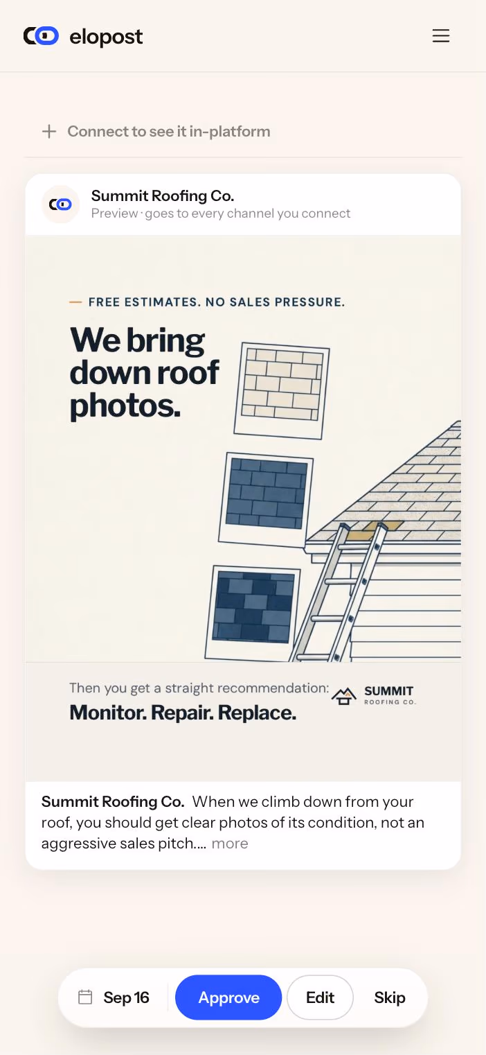 The EloPost review screen on a phone: a Summit Roofing post with its caption, and the Approve, Edit and Skip buttons underneath.