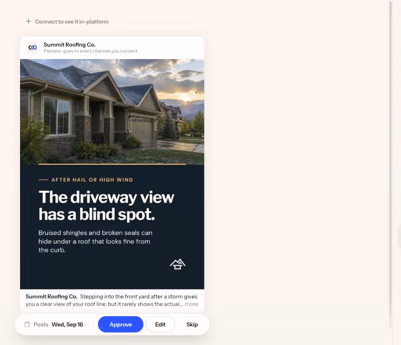 The EloPost review screen showing a Summit Roofing post, The driveway view has a blind spot, with the Approve, Edit and Skip buttons and the queue of posts waiting on the right.