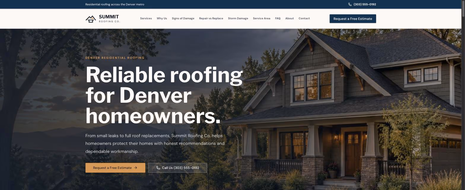 The Summit Roofing Co. website: a home page with the company's navigation, a photo of a house, and the headline Reliable roofing for Denver homeowners.